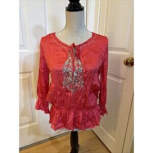 CORAL PEPLUM Kenar  With Silver Sequins Peplum Blouse Peasant Style Women Size S